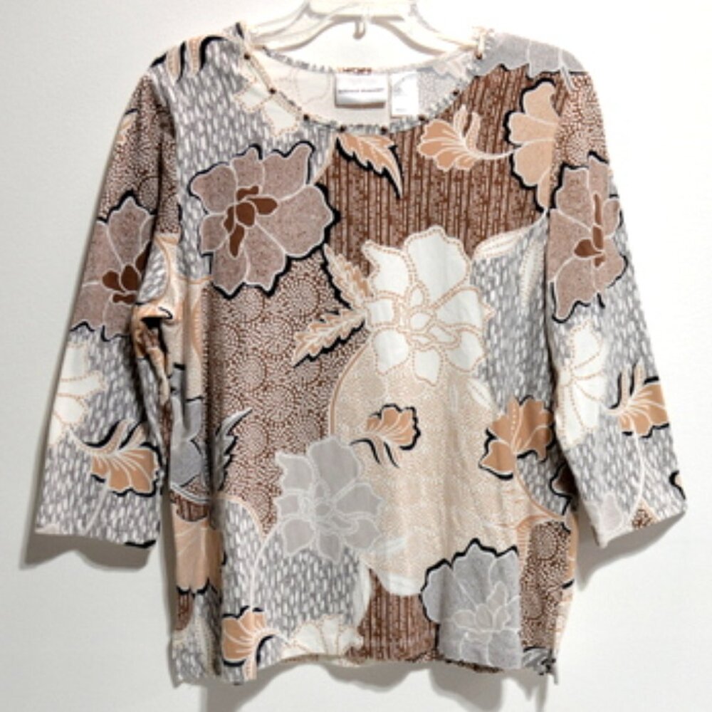 Alfred Dunner Women's Brown Floral 3/4 Sleeve Round Neck Top – Size: Large